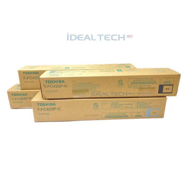 Brand Toshiba Model T-FC425P-CMYK Toner Yield Approx 28,000 Pages/Set @ 5% Average Coverage Printing Technology Laser Color Cyan, Magenta, Yellow & Black Weight 570 gm (Each Cartridge) Toner Type Toshiba Original & Genuine Toner Cartridge Supported Printers Toshiba e-Studio 2020AC, 2520AC, 2525AC, 3025AC, 3525AC, 4525AC, 5525AC/6525AC/3525ACG, 4525ACG, 5525ACG, 6525ACG Color Photocopiers Cyan Toner Model T-FC425P-C Magenta Toner Model T-FC425P-M Yellow Toner Model T-FC425P-Y Black Toner Model T-FC425-K
