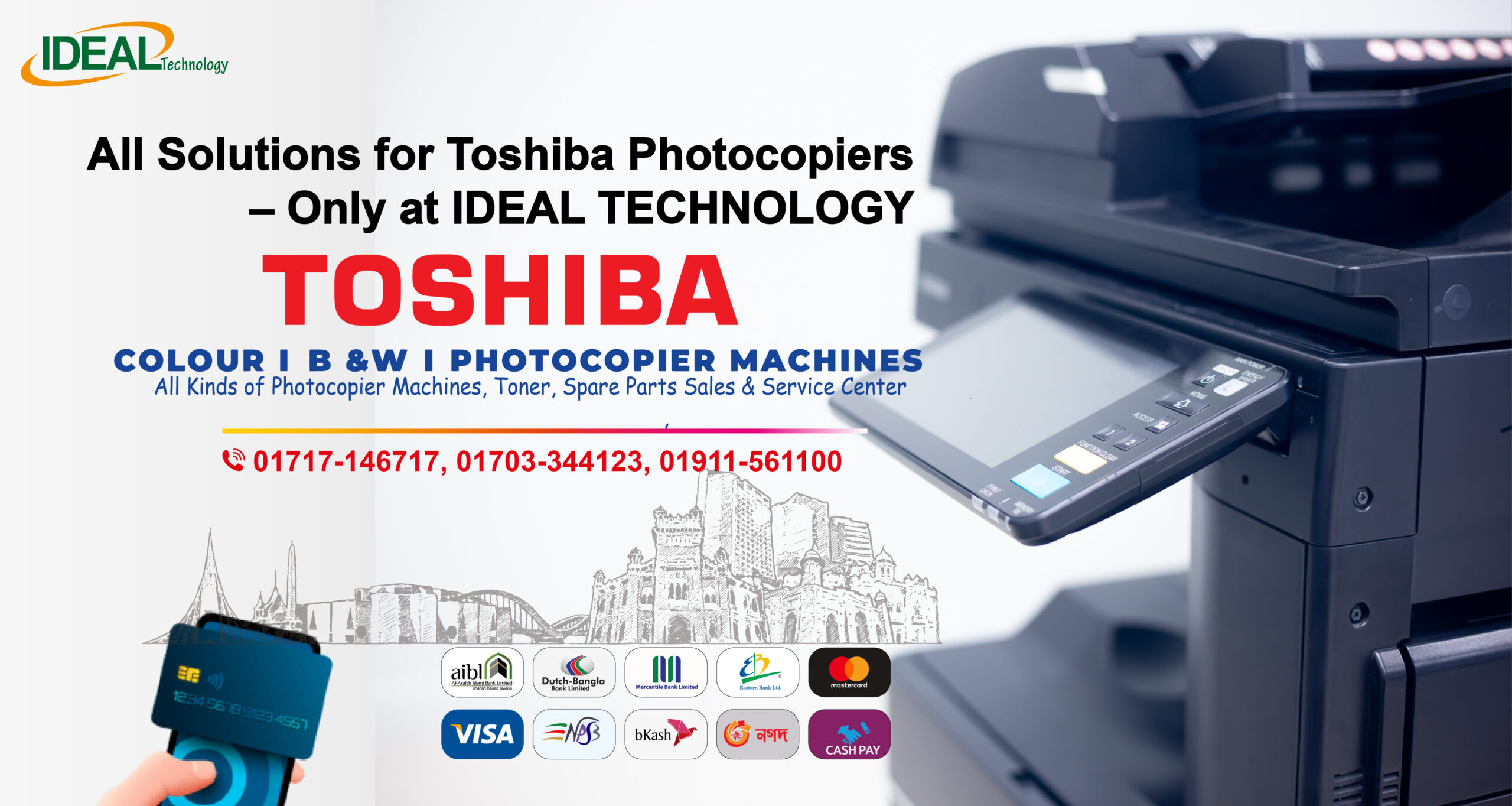 1. Expert Photocopier Repair Services o Fast, reliable, and cost-effective repair solutions for all Toshiba photocopier models. 2. Routine Maintenance Services o Regular servicing to enhance the longevity and performance of your Toshiba copiers. 3. Genuine Spare Parts Supply o Replacement of parts with genuine Toshiba components for efficient functioning. 4. Toshiba Toner and Cartridge Refill o Original Toshiba toner cartridges and refilling services for optimal printing quality. 5. Photocopier Sales o New and refurbished Toshiba photocopiers available for sale, suitable for businesses of all sizes. 6. Photocopier Rental & Leasing Services o Flexible rental options and affordable leasing solutions for Toshiba photocopiers. 7. Installation & Setup Services o Professional setup and installation of Toshiba copiers, ensuring your machine works perfectly from day one. 8. On-Site Services o On-site repair and maintenance services for added convenience. 9. Emergency Support o Immediate support in case of urgent breakdowns, minimizing downtime. 10. All Toshiba Photocopier Models Supported o Servicing of a wide range of Toshiba models like e-Studio 2051C, 2551C, 3055CSE, 306, 357, and many more. Why Choose Us? • Experienced Technicians with in-depth knowledge of Toshiba photocopiers. • Affordable Rates without compromising on quality. • Quick Turnaround Time for repairs and servicing. Genuine Parts for long-lasting and efficient photocopier performance